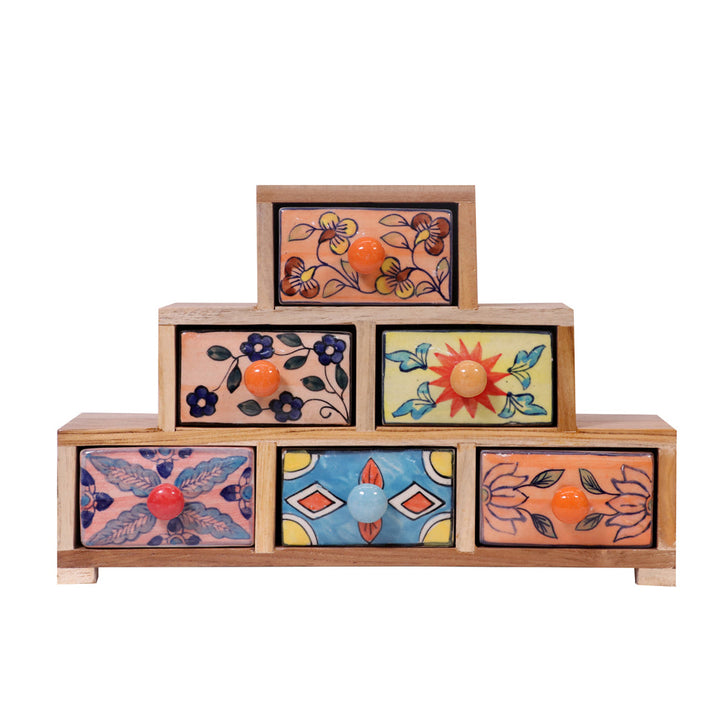 Pyramid concept teak wood ceramic drawer chest Desk Organizer