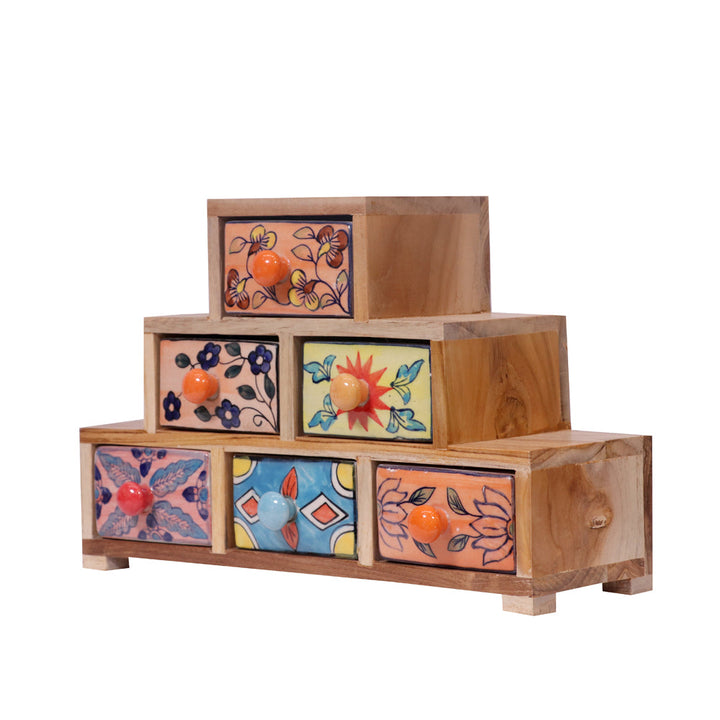 Pyramid concept teak wood ceramic drawer chest Desk Organizer
