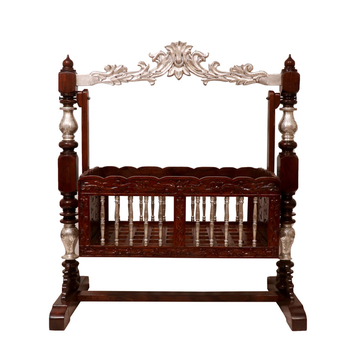 Intricately Antique Carved Teak Wooden Handmade Crib Cradle Cradle