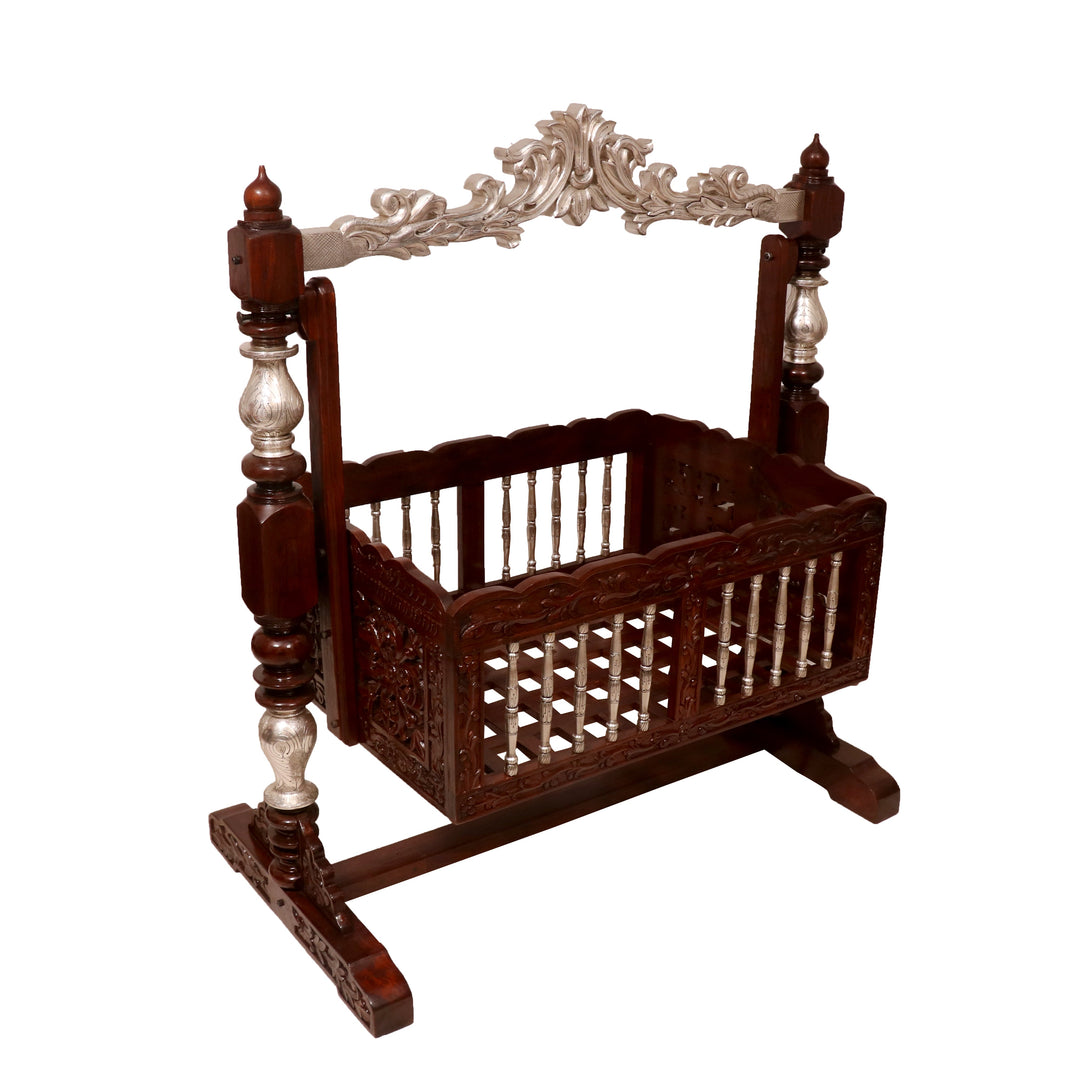 Intricately Antique Carved Teak Wooden Handmade Crib Cradle Cradle