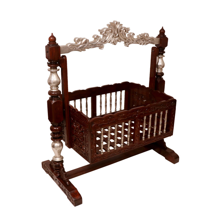 Intricately Antique Carved Teak Wooden Handmade Crib Cradle Cradle