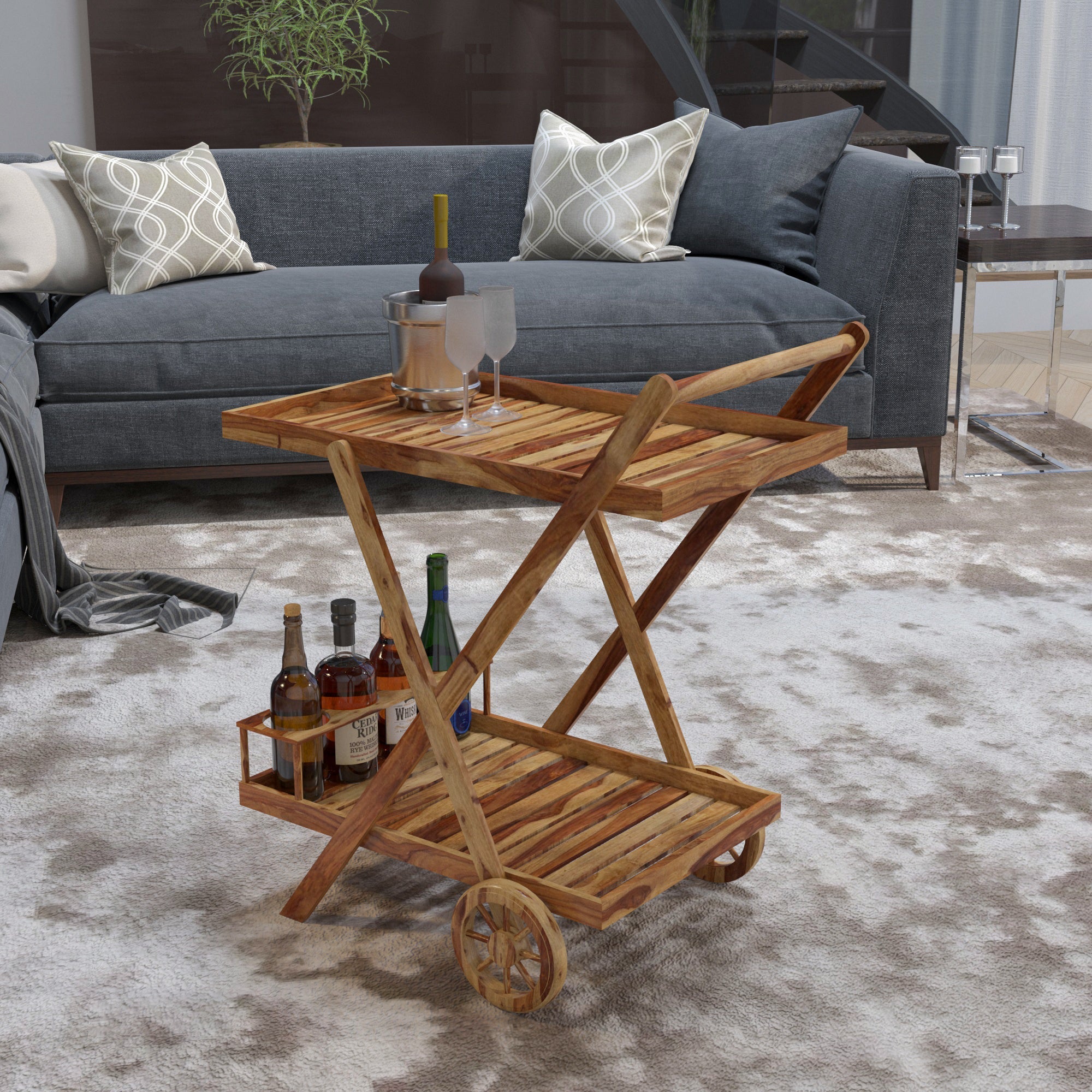 Classic Stripped Style Wooden Handmade Bar Trolley Bar Trolley