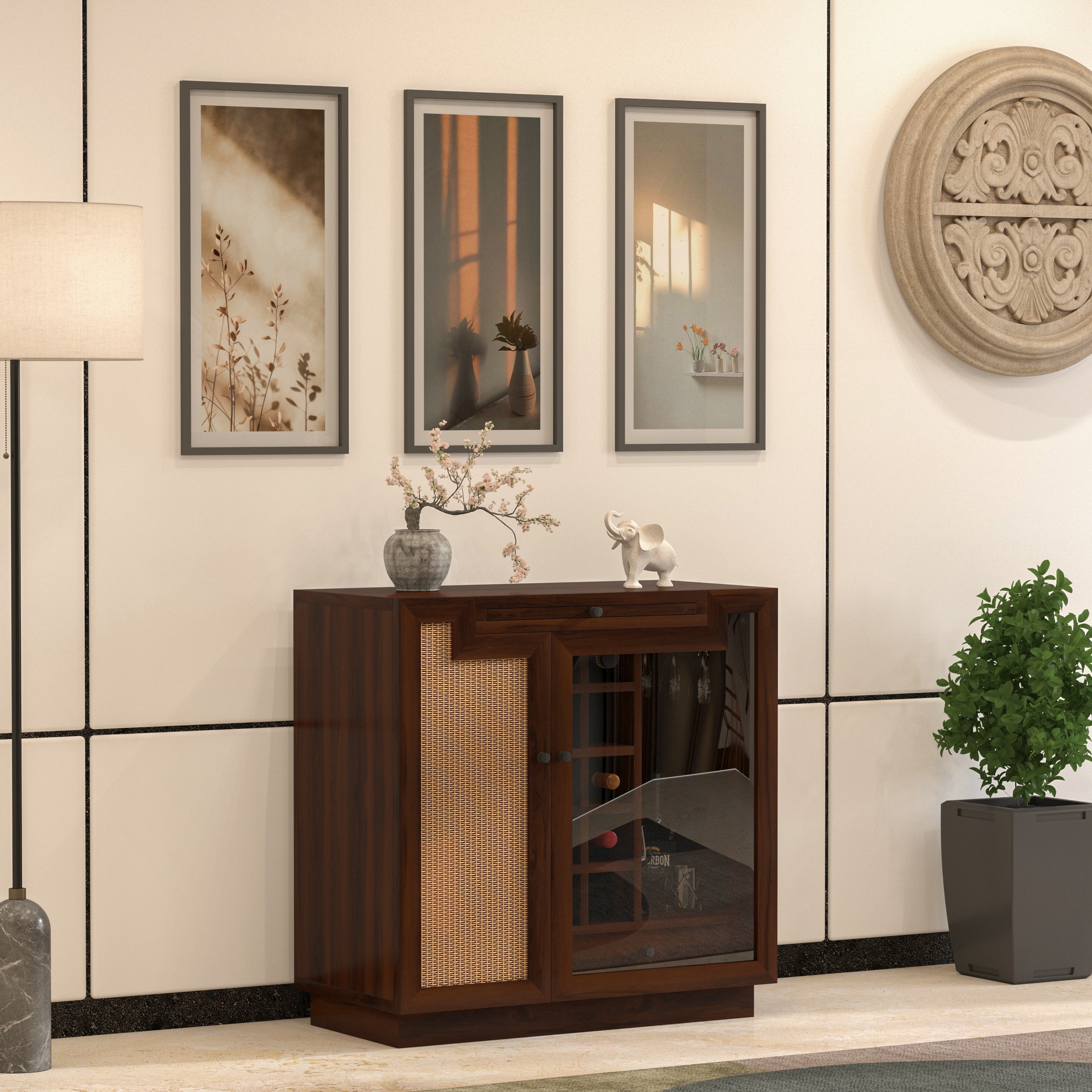 Heritage Natural Cane Finished Wooden Handmade Bar Cabinet Bar Cabinet