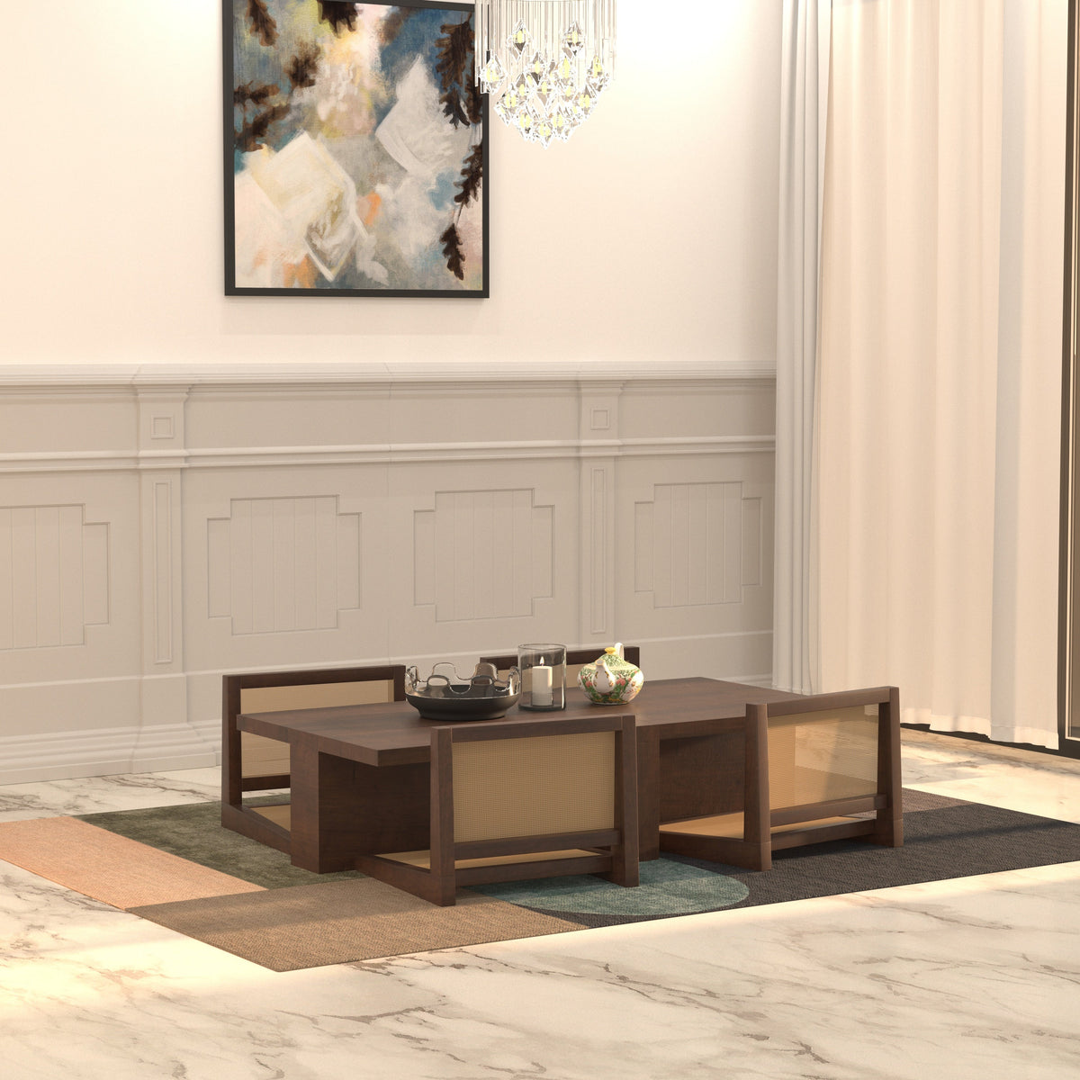 Sora Solid Wood Floor Dining Set with Cane Chairs – product image 1