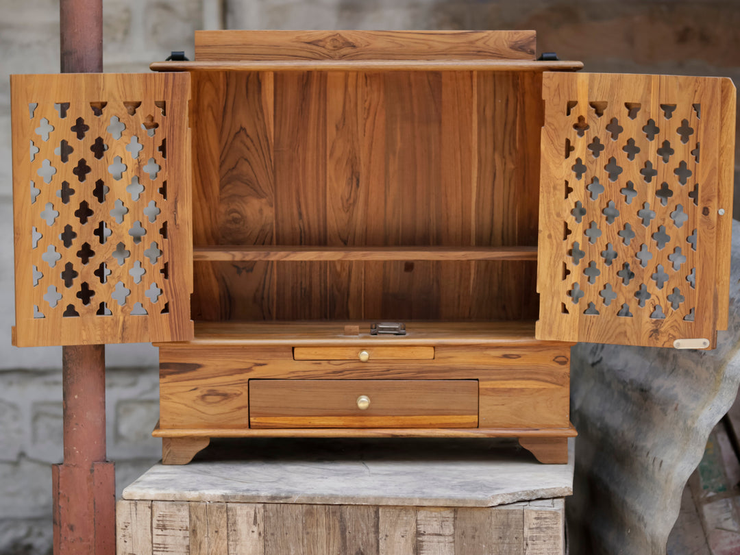Wooden Jali Double Drawer Temple