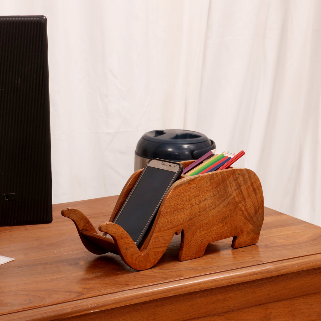 Indra Solid Wood Elephant Pen and Phone Holder - Natural - product image 1