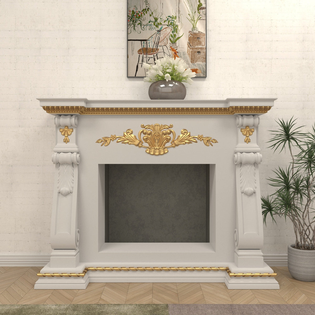 Celine Baroque Leaf Engineered Wood Fireplace Mantel — view 1